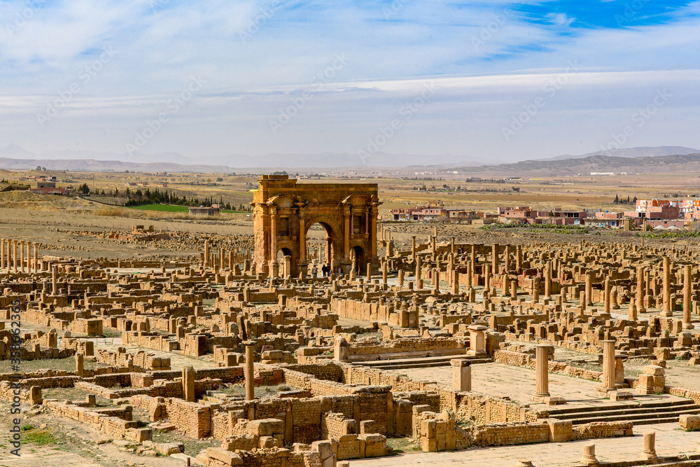 Panorama of Timgad, a Roman-Berber city in the Aures Mountains of Algeria. (Colonia Marciana Ulpia Traiana Thamugadi). UNESCO World Heritage Site