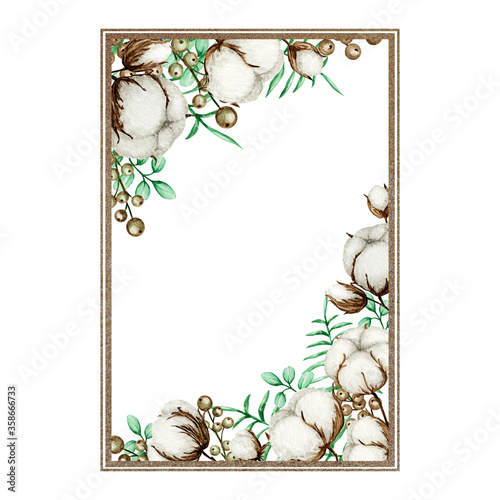 Watercolor cotton flower gold frame. Botanical Hand drawn Eco wedding card illustration. Cotton flowers buds balls in vintage style. Green leaves Plant ball nature lifestyle border with copy space