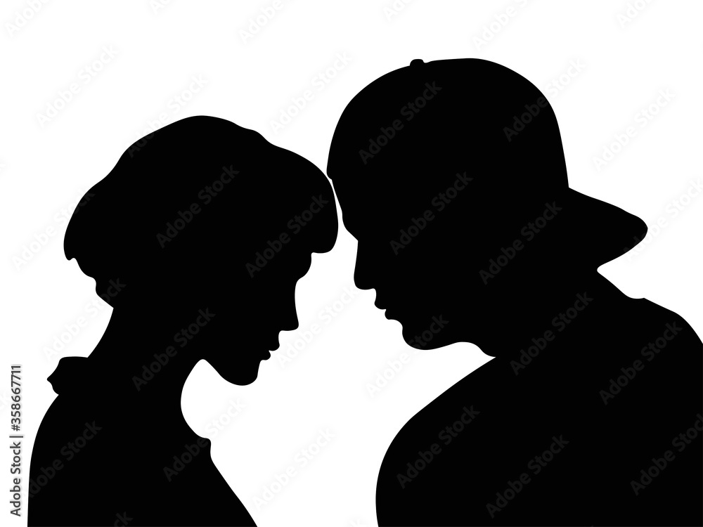 A couple in love, a boy with a girl, a woman with a man. A woman with short hair, a man in a baseball cap, love,male profile picture, silhouette. Of the page	