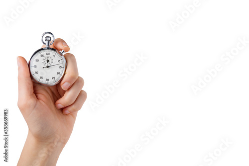stopwatch hold in hand, button pressed, white background