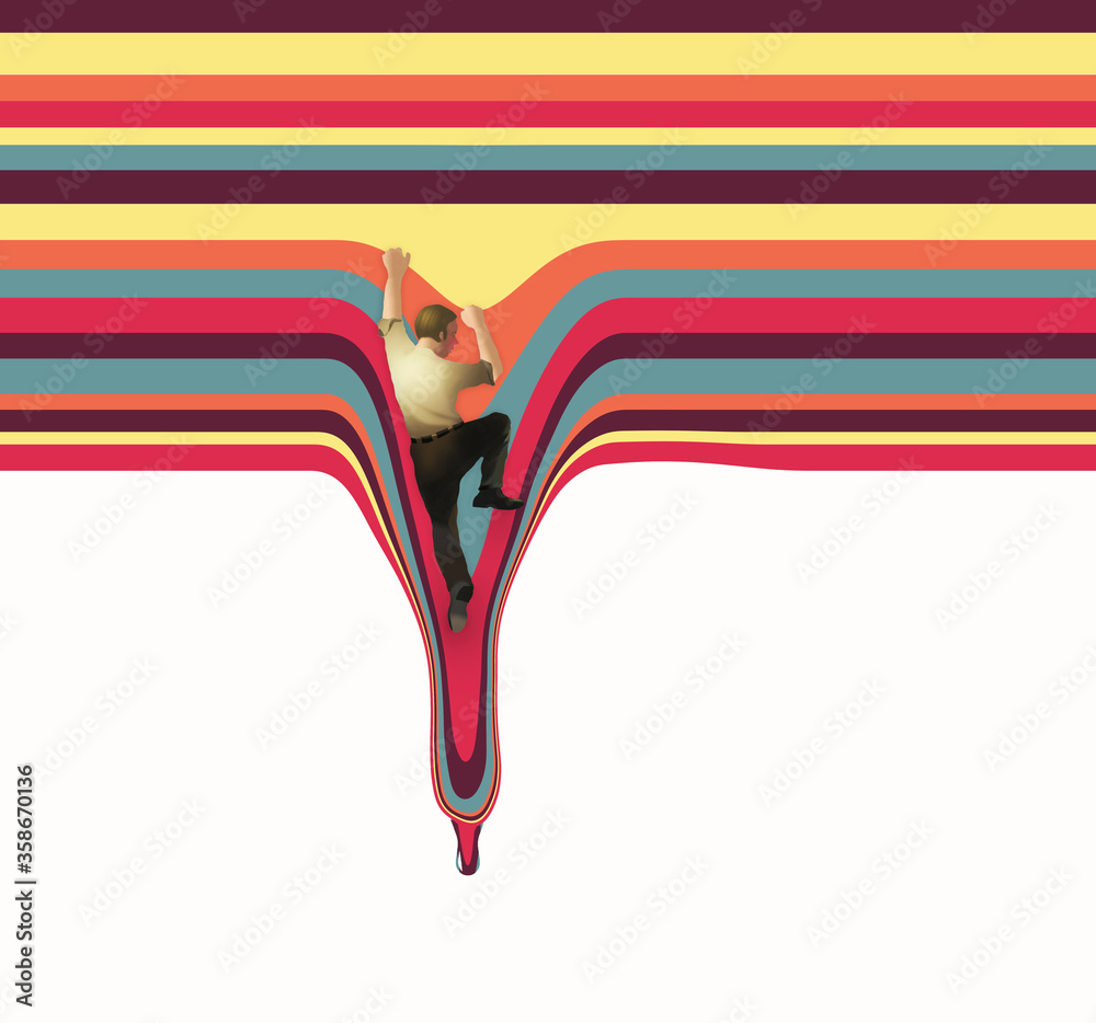 Naklejka premium A businessman struggles to climb up a ladder of fluid and slippery colored bars.