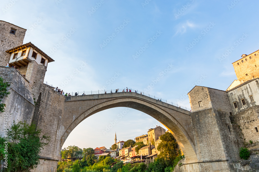 Mostar, Bosnia and Herzegovina. View of the city and the old bridge.