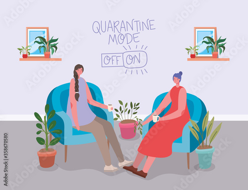Women cartoons drinking coffee on chair design of time drink breakfast beverage shop morning store aroma and caffeine theme Vector illustration