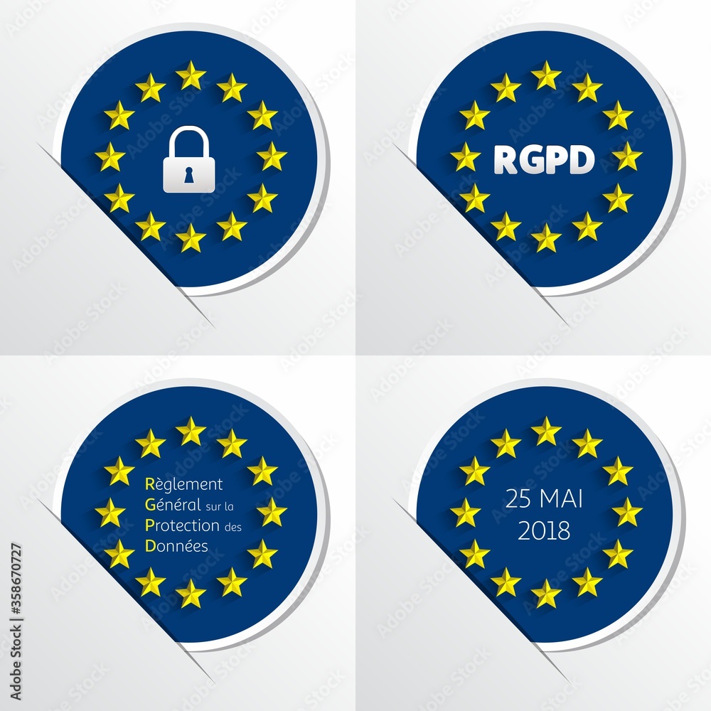 RGPD - French: Reglement general sur la protection des donnees means: GDPR - General Data Protection Regulation. EU flag. Vector illustration RGPD - French: Reglement general sur la protection des donnees means: GDPR - General Data Protection Regulation. EU flag. Vector illustration