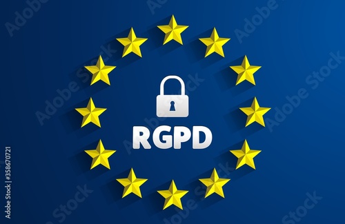 RGPD - French: Reglement general sur la protection des donnees means: GDPR - General Data Protection Regulation. EU flag. Vector illustration