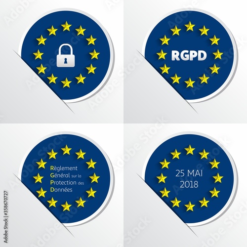 RGPD - French: Reglement general sur la protection des donnees means: GDPR - General Data Protection Regulation. EU flag. Vector illustration