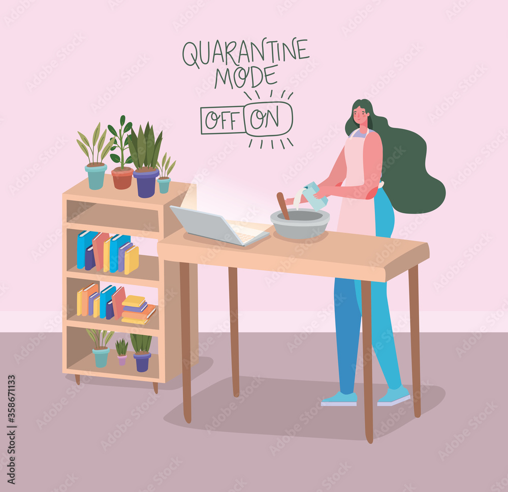 Woman cartoon cooking on table with laptop and bowl design of Stay at home and activities theme Vector illustration Woman cartoon cooking on table with laptop and bowl design of Stay at home and activities theme Vector illustration