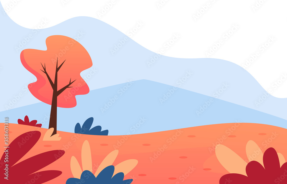 Panoramic of Countryside landscape in autumn with fallen leaves on the grass, Vector illustration of autumn landscape and maple tree in fall season.