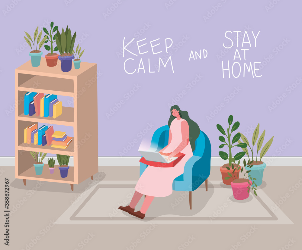 Woman cartoon with laptop on chair design of Stay at home and activities theme Vector illustration Woman cartoon with laptop on chair design of Stay at home and activities theme Vector illustration