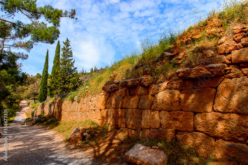 It's Delphi, an archaeological site in Greece, at the Mount Parnassus. Delphi is famous by the oracle at the sanctuary dedicated to Apollo. UNESCO World heritage photo