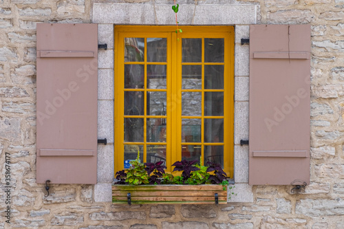 Close up of shutter window with flower decoration