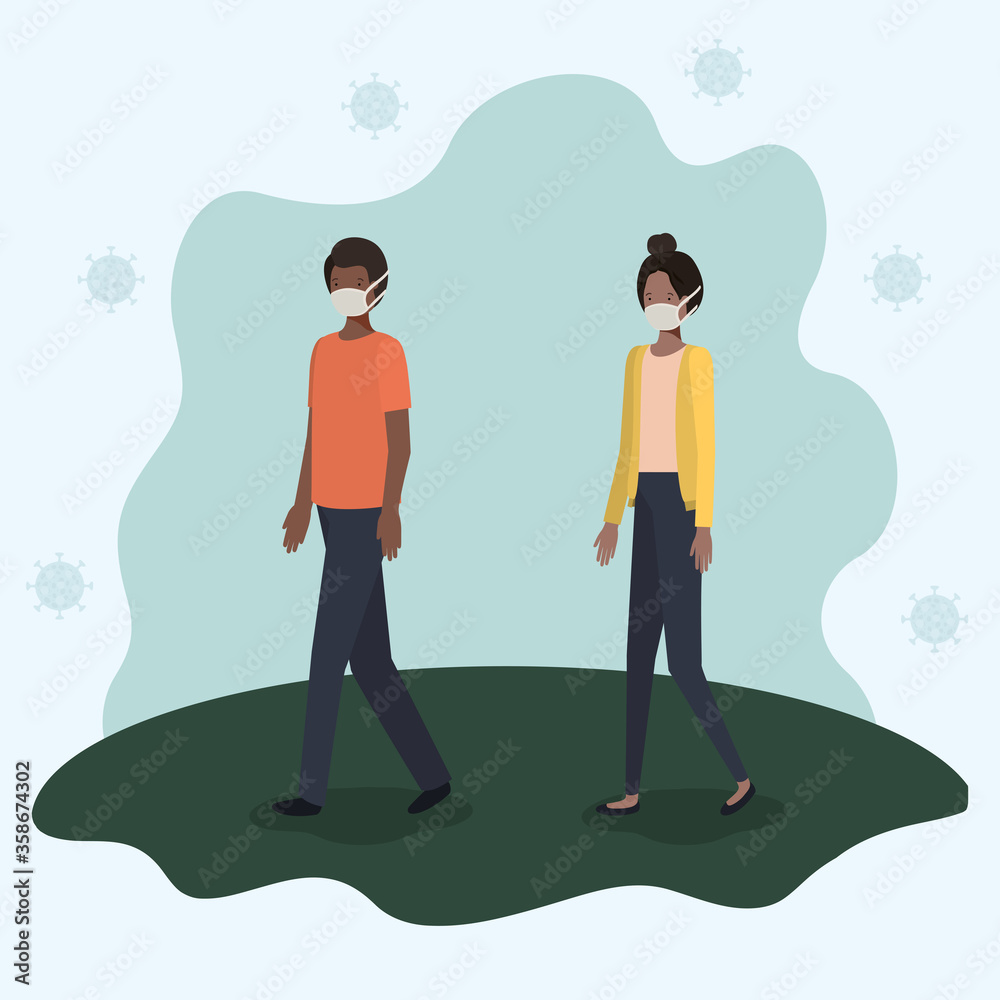 Social distancing between boy and girl with masks design of Covid 19 virus theme Vector illustration Social distancing between boy and girl with masks design of Covid 19 virus theme Vector illustration