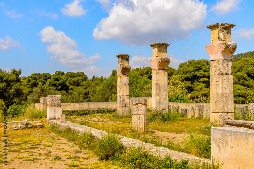 It's Colums of Abaton of Epidaurus, Peloponnese, Greece. Sanctuary of Asclepius at Epidaurus. UNESCO World Heritage