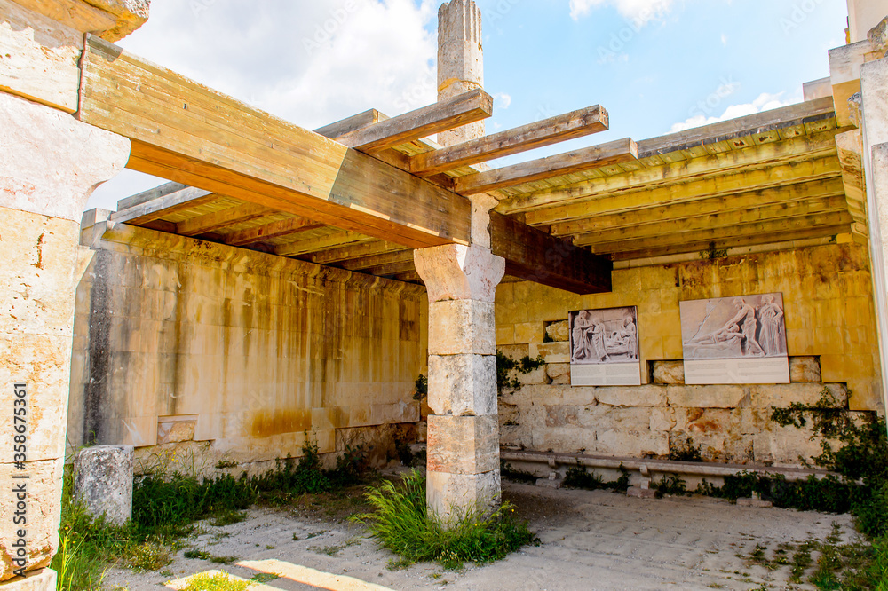 It's Colums of Abaton of Epidaurus, Peloponnese, Greece. Sanctuary of Asclepius at Epidaurus. UNESCO World Heritage It's Colums of Abaton of Epidaurus, Peloponnese, Greece. Sanctuary of Asclepius at Epidaurus. UNESCO World Heritage