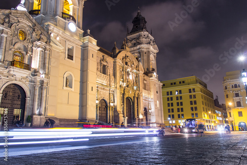 Night view of Lima main square and cathedral church.