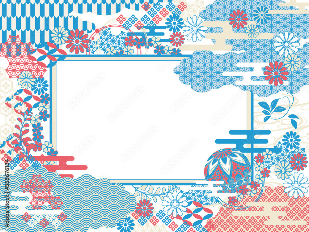 夏向け 和柄爽やか 青 赤 シンプル 日本 フレーム 横 Stock Vector Adobe Stock