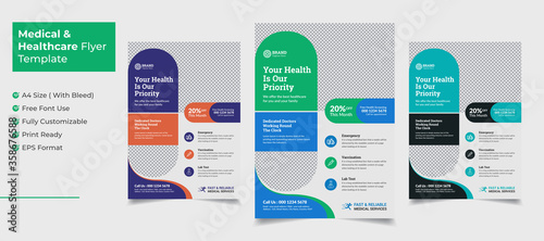 Creative medical and healthcare flyer template for medical business with 3 color variation