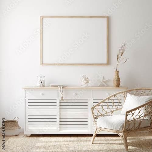 Mockup frame in cozy coastal style home interior, 3d render