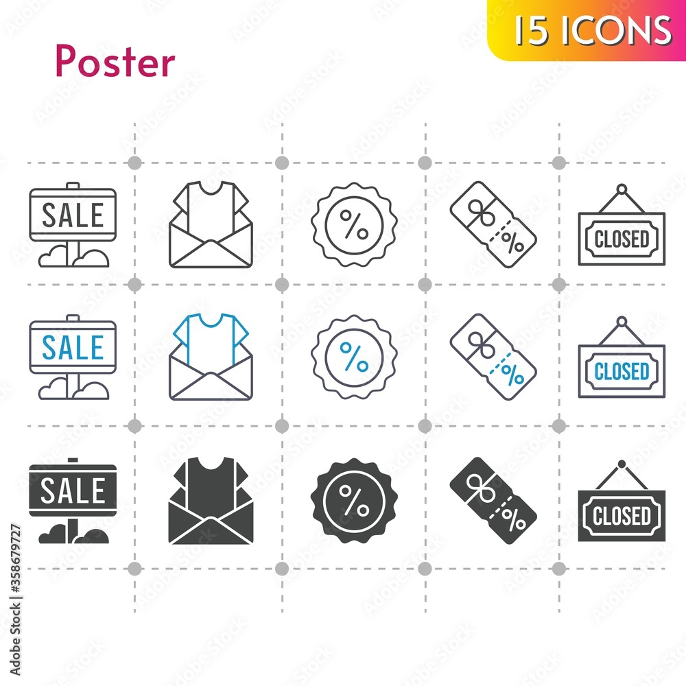 poster icon set. included newsletter, sale, discount, closed icons on white background. linear, bicolor, filled styles. poster icon set. included newsletter, sale, discount, closed icons on white background. linear, bicolor, filled styles.