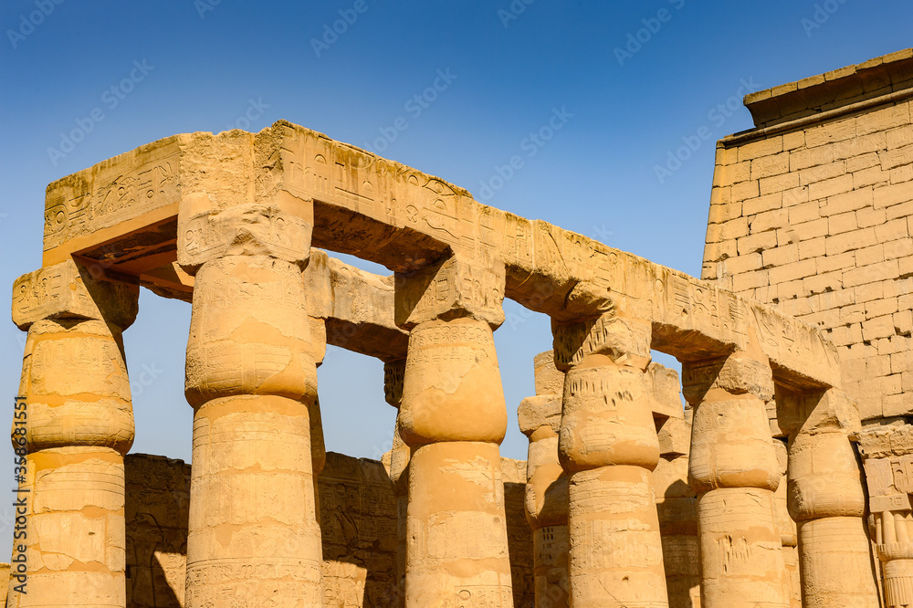 It's Columns of the Luxor Temple, a large Ancient Egyptian temple, East Bank of the Nile, Egypt. UNESCO World Heritage