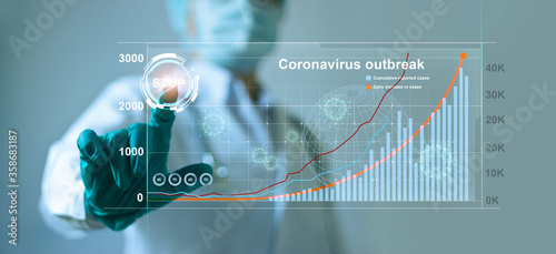 Fotografie Doctors press the button to stop the infection of the coronavirus that has a graph and the outbreak chart of pandemic spread around the world