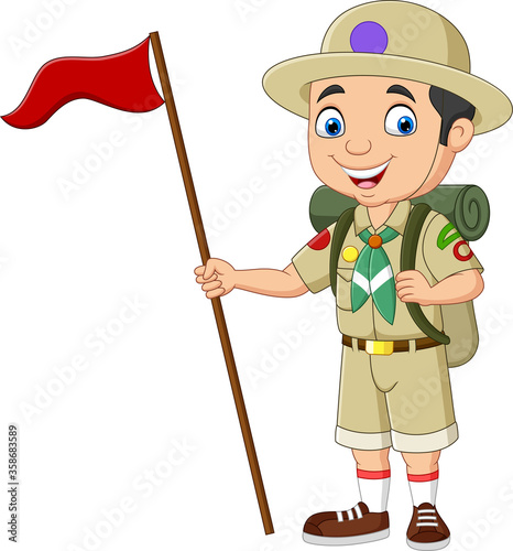 Cartoon boy scout holding red flag