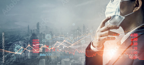 Foto Businessman with mask, Analysis coronavirus impact on global economy and stock markets, Effects of outbreak and pandemic covid-19, Economy crisis, Stocks fall and financial crisis