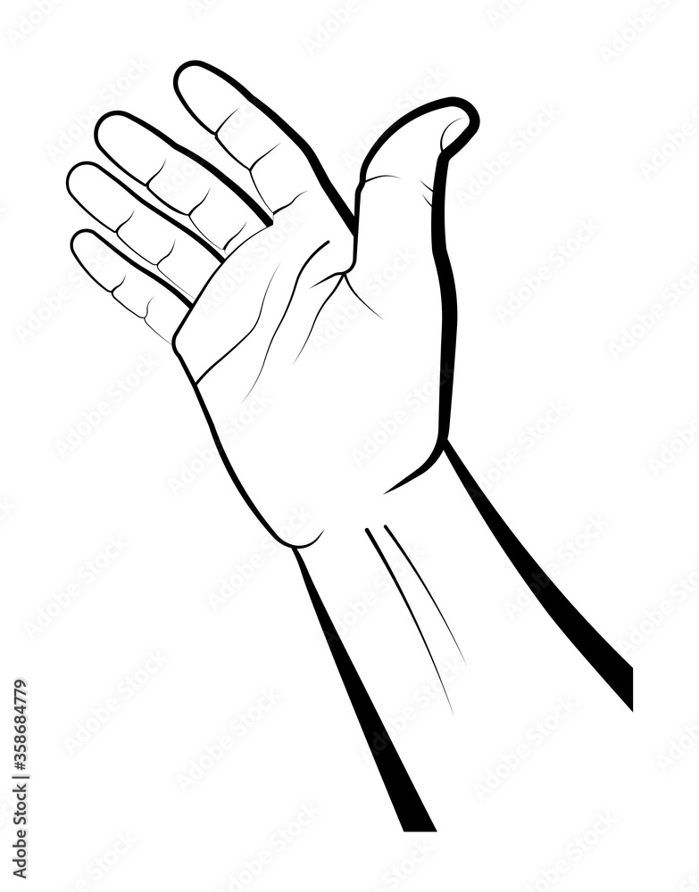human hand indicates the direction of movement. Gesture of a request for help. Gift, presentation. Isolated vector on white background human hand indicates the direction of movement. Gesture of a request for help. Gift, presentation. Isolated vector on white background