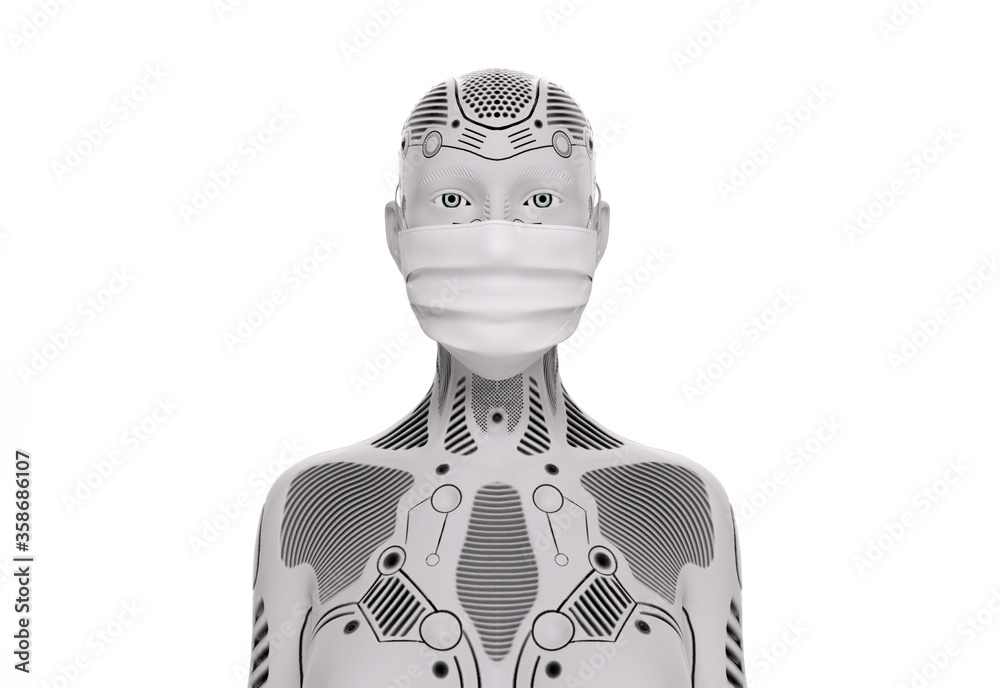 3D Render : The portrait of a robot wearing a face mask for protection to prevent getting virus epidemic or air pollution into Respiratory system 3D Render : The portrait of a robot wearing a face mask for protection to prevent getting virus epidemic or air pollution into Respiratory system