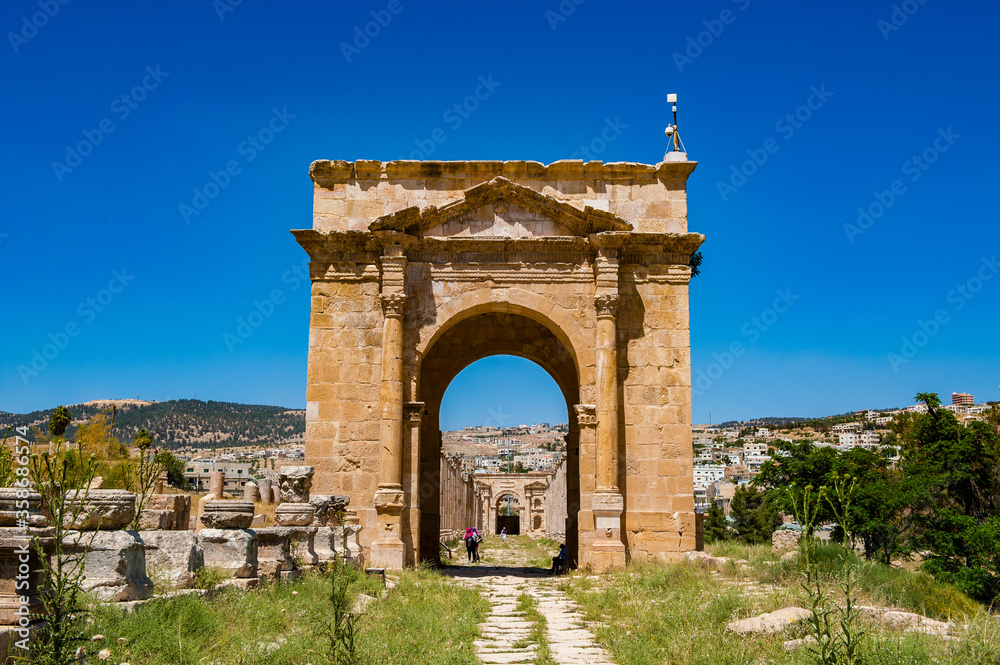 It's North Gate, Ancient Roman city of Gerasa of Antiquity , modern Jerash, Jordan