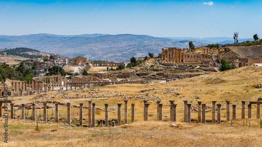 It's Columns raw of the Cardo Maximus Ancient Roman city of Gerasa of Antiquity , modern Jerash, Jordan