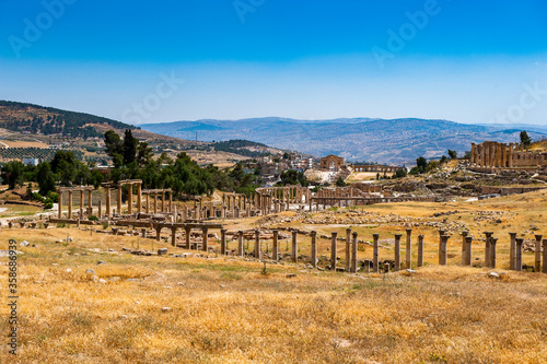 It's Columns raw of the Cardo Maximus Ancient Roman city of Gerasa of Antiquity , modern Jerash, Jordan