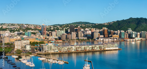 Wellington, New Zealand. Morning view of Wellington city buildings and harbour viewed from Mount Victoria. Wellington is the Capital of NZ. © Stefan Mokrzecki