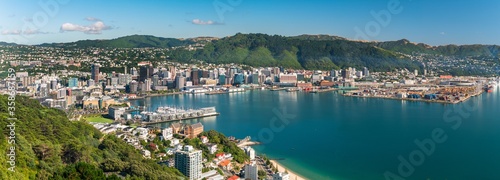 Wellington, New Zealand. Morning view of Wellington city  buildings and harbour viewed from Mount Victoria. Wellington is the Capital of NZ. photo