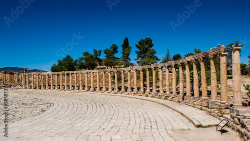 It's Colonnade on the Roman Oval Forum, Ancient Roman city of Gerasa of Antiquity , modern Jerash, Jordan
