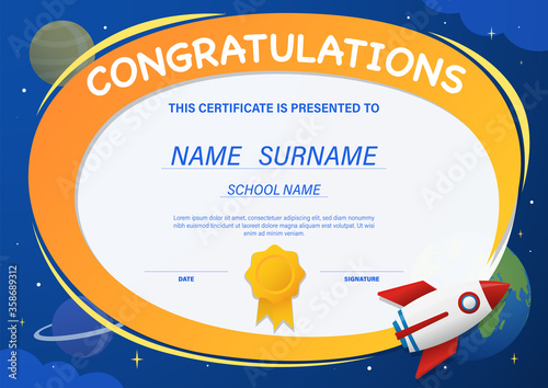 Certificate for kids with rocket in space background, kindergarten graduation certificates background