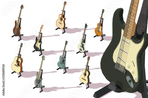 Set of isometric acoustic guitars, electric guitars, bass guitars