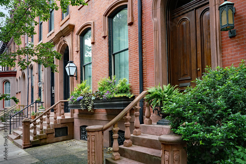 Canvastavla Street with row of elegant old brownstone townhouses or apartment buildings