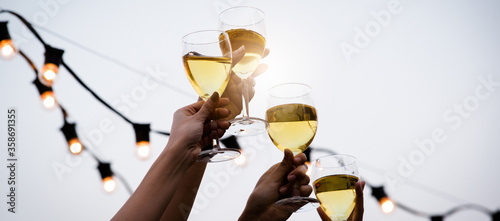 Canvas Print Cheer! A group of people or friends cheering for champagne and blessing with party background, celebration concept, media size banner, Focus at the glass