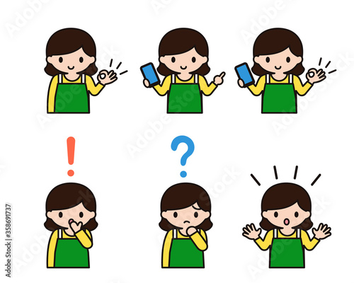 エプロン姿の女性がスマートフォンを持つシンプルなイラストセット Stock Vector Adobe Stock