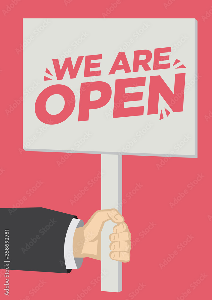 Retail Store Open promotion shoutout with a placard banner against a red background. Retail Store Open promotion shoutout with a placard banner against a red background.