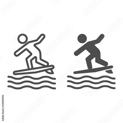 Surfing line and solid icon, Summer water sport concept, Surfer and waves sign on white background, Man surfing on surfboard icon in outline style for mobile concept and web design. Vector graphics.