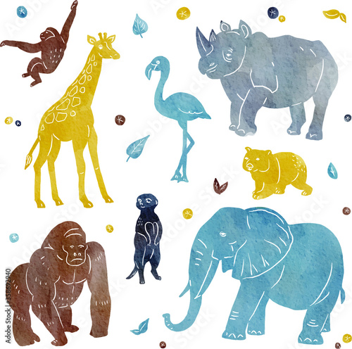 Africa watercolor set.Safari collection with giraffe, rhino, flamingo, gibbon ape, meerkat, wombat, gorilla, elephant. Watercolor cute animals.