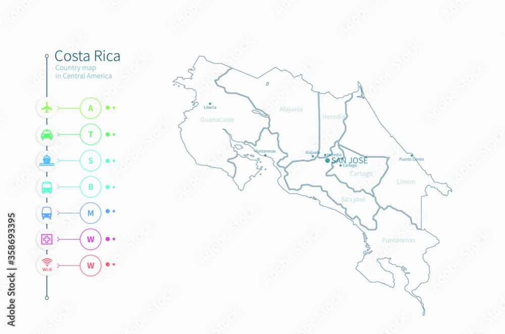 costa rica map. detailed central america country map vector. 
