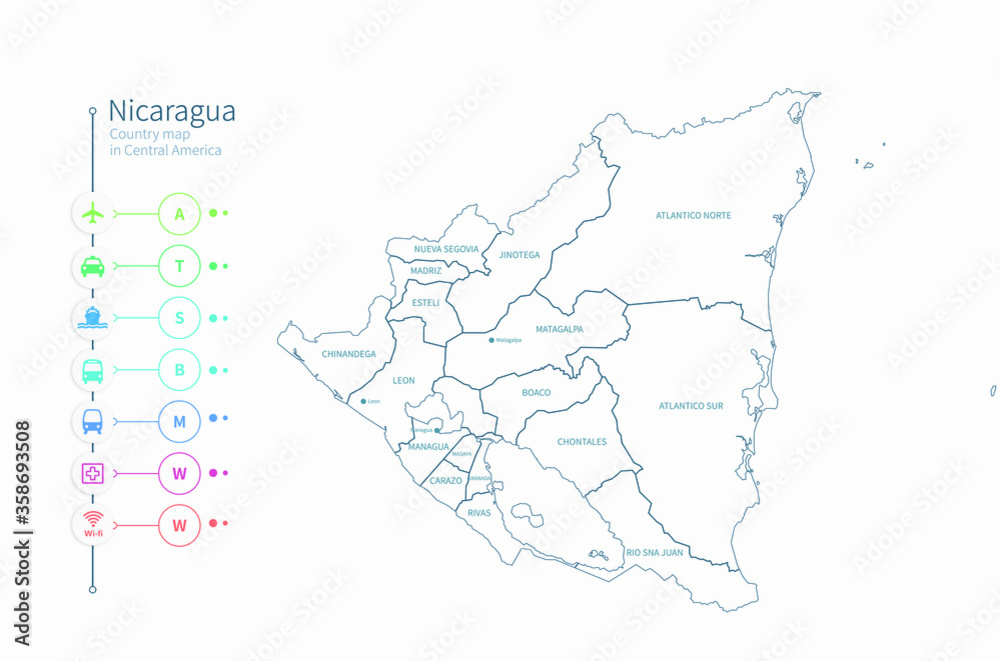 nicaragua map. detailed central america country map vector. 
