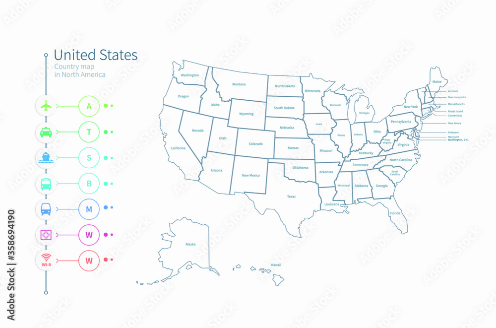 Fototapeta premium usa. united states map. detailed south america country map vector. 