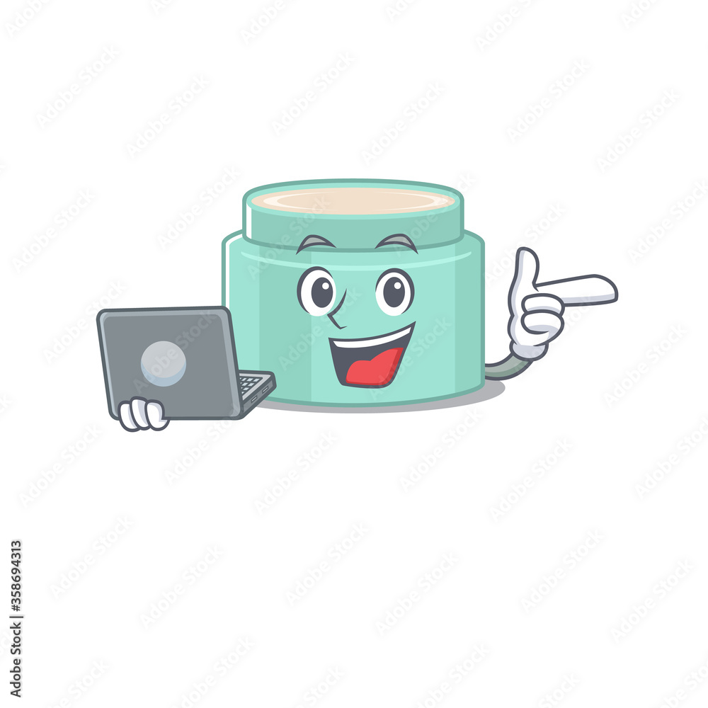 Smart cartoon character of lipbalm studying at home with a laptop Smart cartoon character of lipbalm studying at home with a laptop