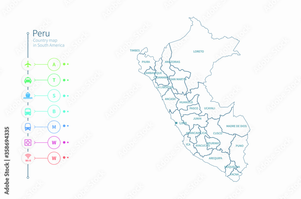 peru map. detailed south america country map vector. 