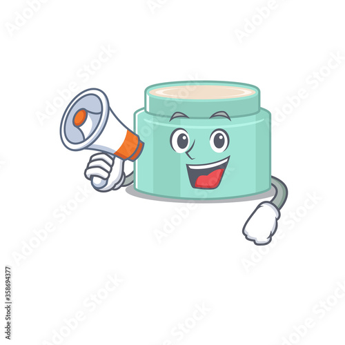 Mascot design of lipbalm announcing new products on a megaphone