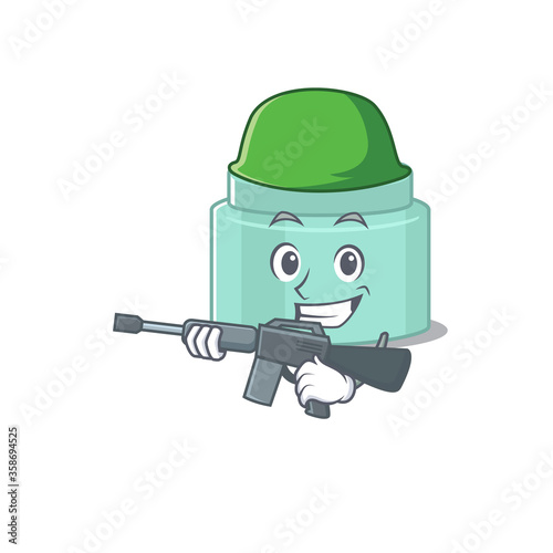 A cartoon picture of Army lipbalm holding machine gun